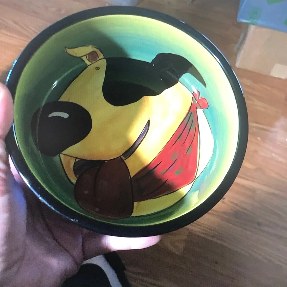 Hand-Painted Ceramic Dog Bowl in Yellow & Green